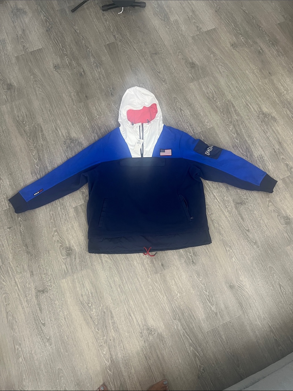 Polo by Ralph Lauren Blue & Navy Hooded Pullover Fleece Jacket with White Hood